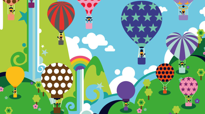 Colorful drawing of different kinds of hot air balloons
