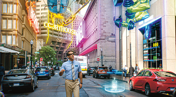 Person with glasses walking down city street with holographic signs everywhere