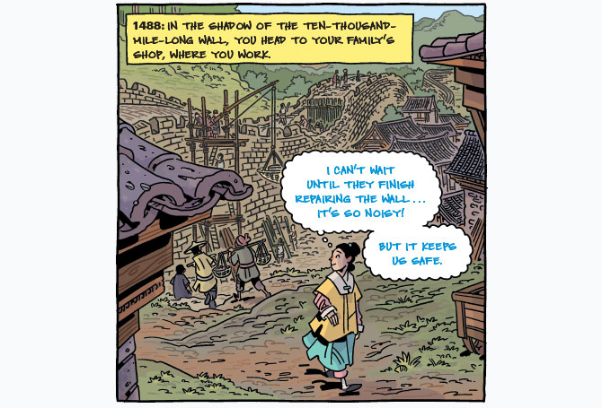 Comic of a person walking around their town with The Great Wall of China in the background