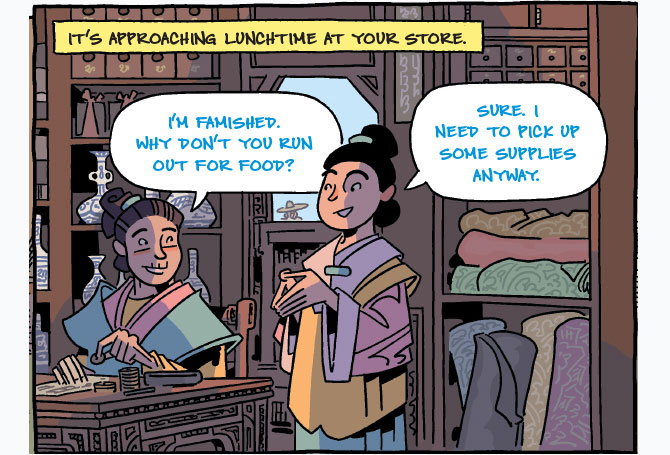 Comic of two people talking with each other in a store