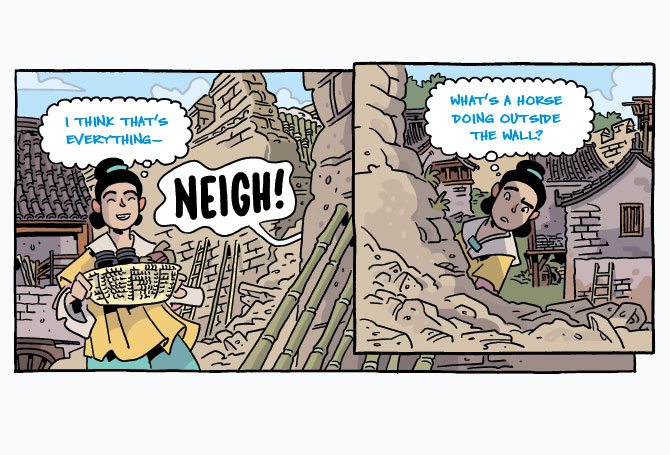 Comic of person walking in a town and then discovering a horse
