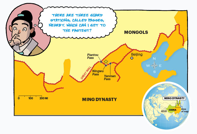 Comic of a person pondering, a map of Mongolis and Ming Dynasty, and a map of the world