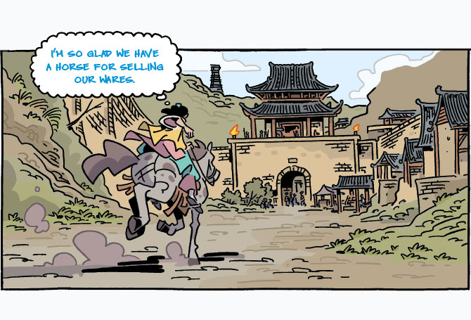 Comic of person on horseback racing towards a building