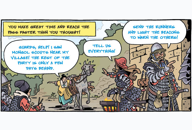 Comic of person with horse warning soldiers of the enemy approaching