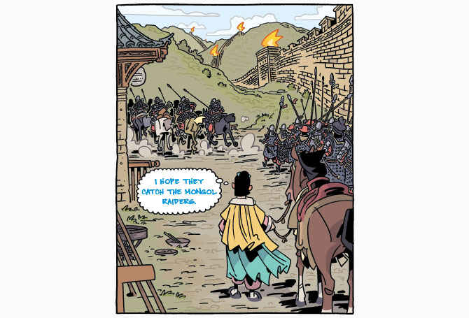 Comic of soldiers by The Great Wall of China and person approaching with horse