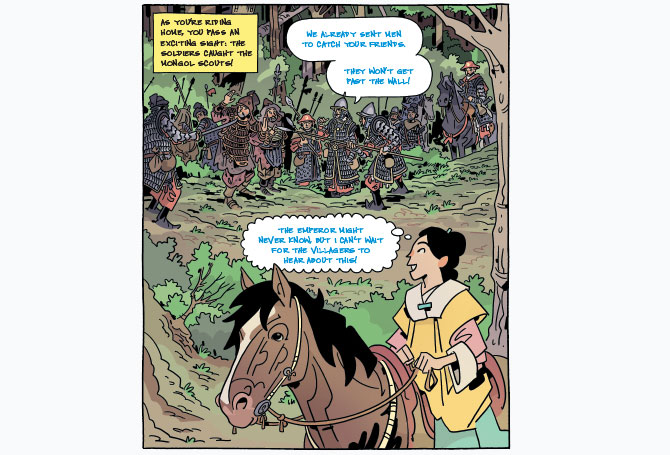 Comic of a person on horseback with soldiers in the distance
