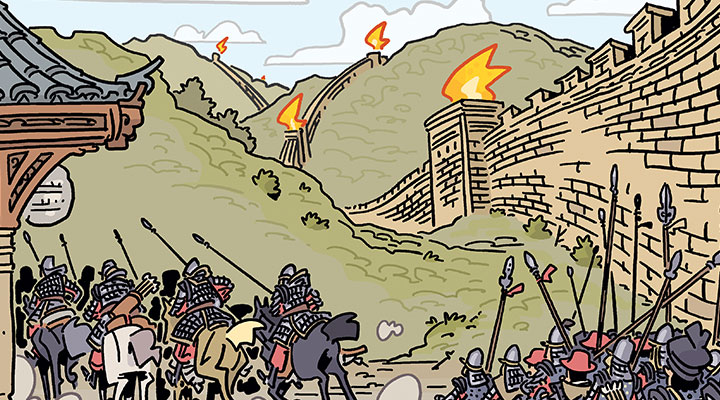 Illustration of soldiers gathered by The Great Wall of China