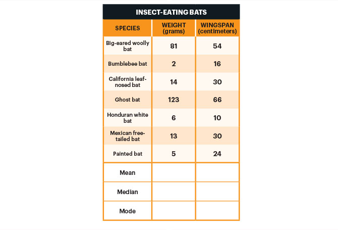 Table displaying measurements of insect-eating bats