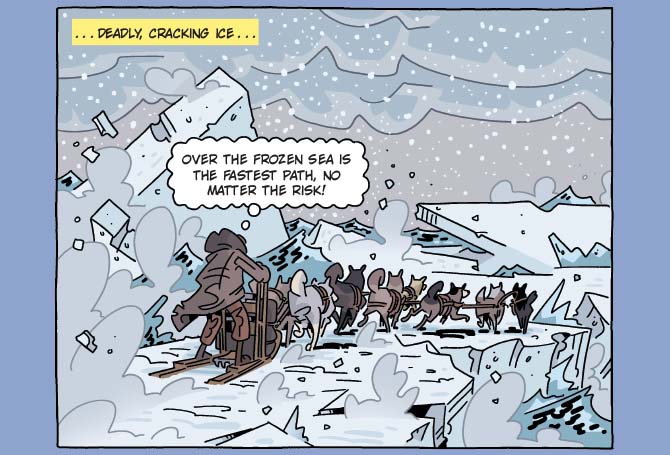 A person on a sled guiding their snow dogs
