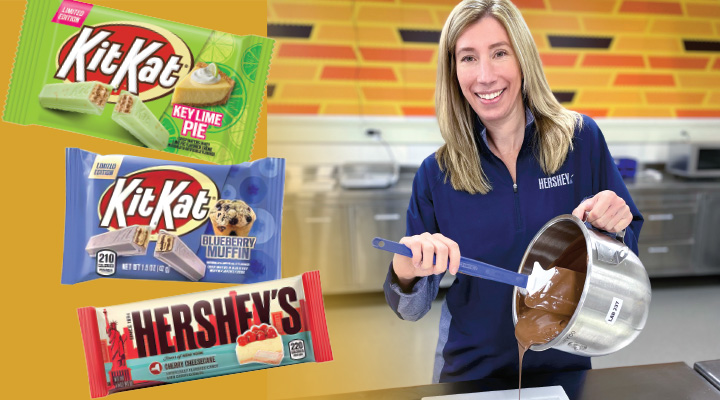 Image of three different kinds of Kit-Kats and a person mixing a bowl of melted chocolate