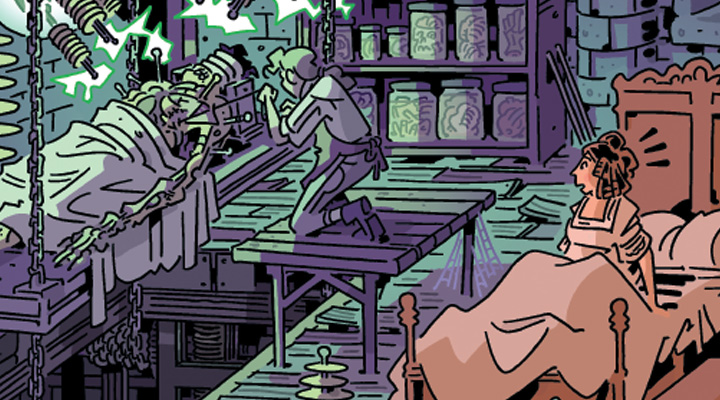 Illustration of a scientist working on Frankenstein and a person across the room in bed afraid