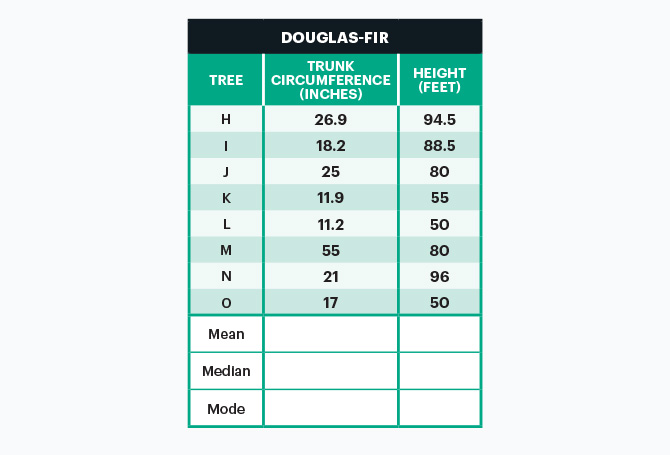 Chart showing Douglas Fir trees, their circumference, height and then blank mean, median, and mode