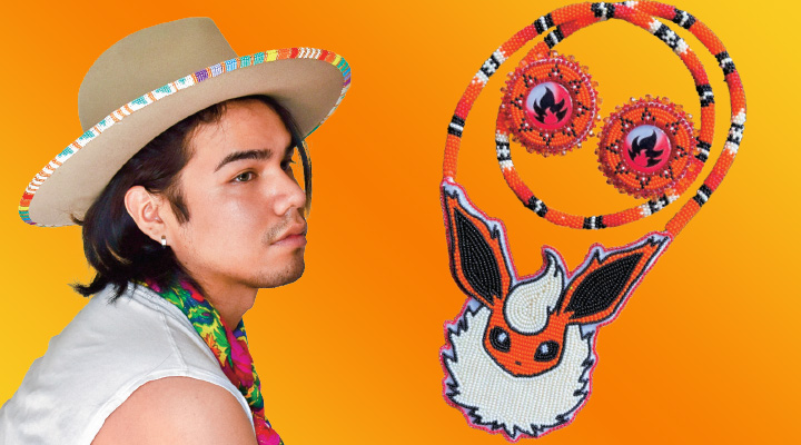 Image of artist pictured with their traditional native jewelry designed with Pokemon characters