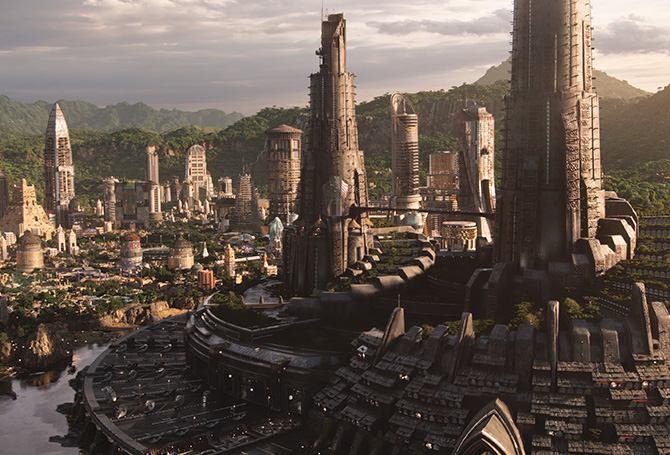 Bird&apos;s eye view of the city of Wakanda