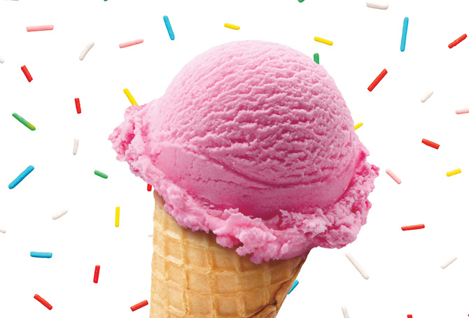 Enlargeable image of a pink ice cream cone against a backdrop of rainbow sprinkles