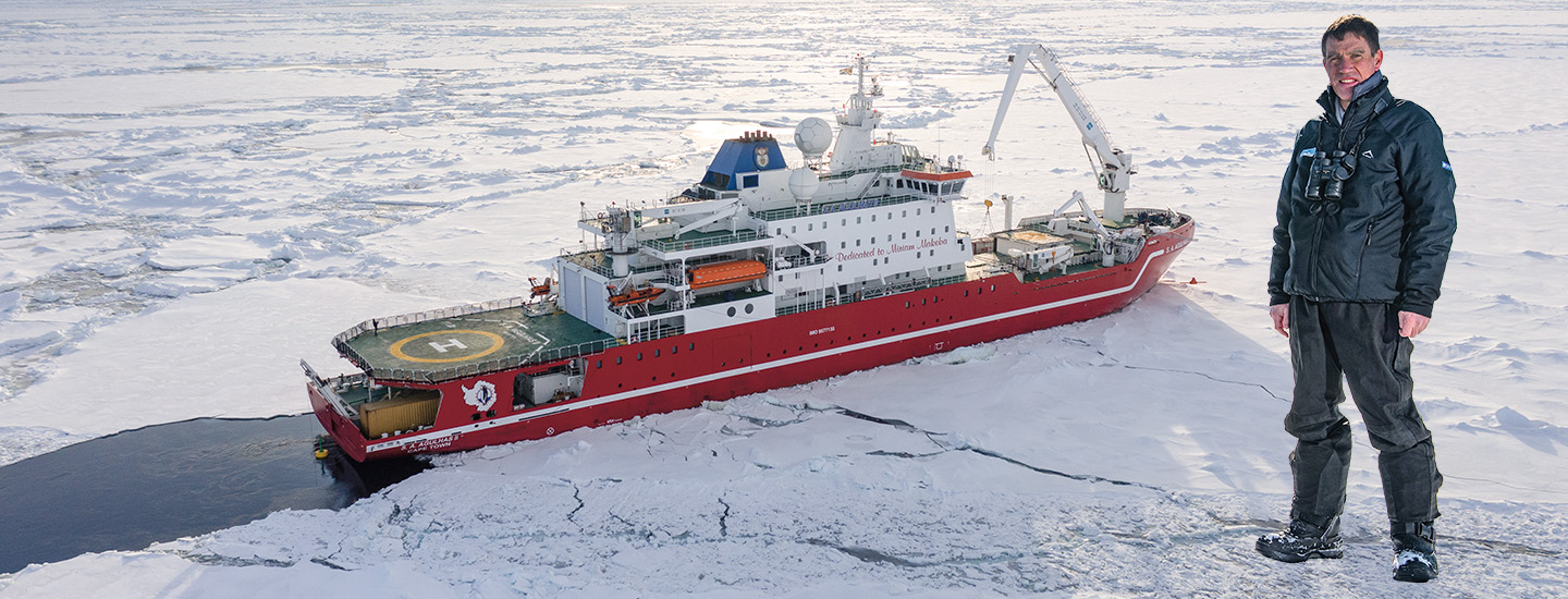 Image of a ship breaking through ice and image of the person leading the ship