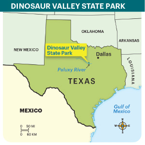 Map of Texas showing the location of the Dinosaur Valley State Park