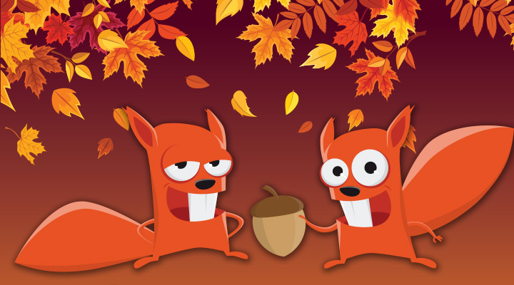 Illustration of two squirrels with an acorn against backdrop of falling leaves