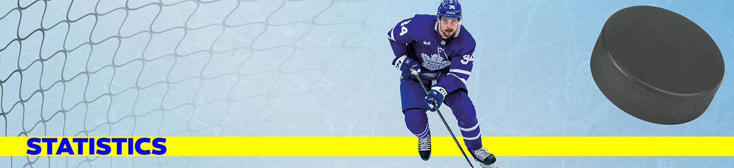 Image of hockey player and puck with text, "Statistics"