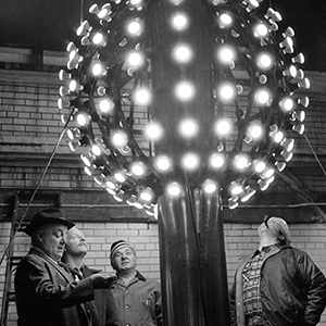 Black & white image of an early New Year&apos;s Eve ball