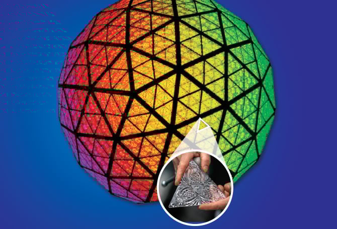 Image of the colorful New Year&apos;s Eve ball and a close up of its geometric pattern